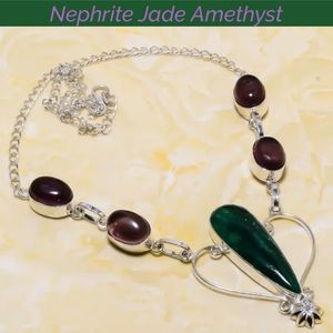 Amethyst & Nephrite Jade Gemstone Handmade BIB Statement Necklace